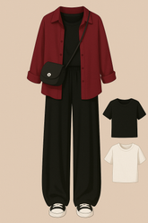 Pair of 3 (maroon button down shirt, black inner tshirt and black flapper